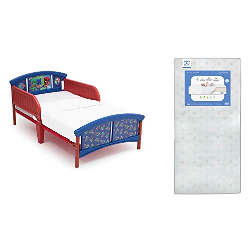 Delta Children Plastic Toddler Bed, PJ Masks + Delta Children Twinkle Galaxy Dual Sided Recycled Fiber Core Toddler Mattress (Bundle)