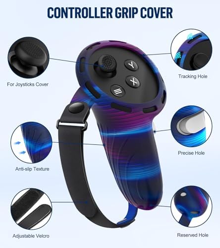 YRXVW Silicone Cover Set Compatible with Oculus/Meta Quest 3, Touch Controller Grips Cover, VR Shell Cover, Facial Interface Cover, Protective Lens Cover, Tempered Glass Lens Caps (Aurora Blue) - 2