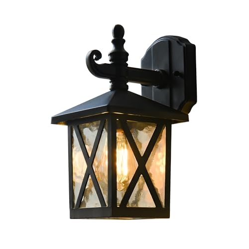 Aplique Pared Exterior, Lampara Exterior Vintage, Lámpara de Aluminio y Vidrio Para Exteriores, E27 Lámpara de Jardín Impermeable , sin Bombilla, Para Garaje, Balcón, Iluminación de Terraza Negro
