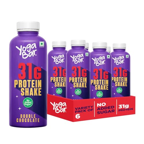 Yogabar 31g Protein Shake (6 Bottles, Double Chocolate) - 31g Protein per Serve, No Added Sugar - Low Fat, High Calcium, Ready-to-Drink Milkshake – 250ml Bottle (Pack of 6)