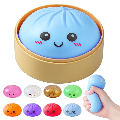 Dumpling Squishies, Glitter Dumpling Mystery Box, Colorful Dumplings Stress Balls Fidget Sensory Toy, Stocking Stuffers with Food Steamer Stretchy Desk Toys (Blue)