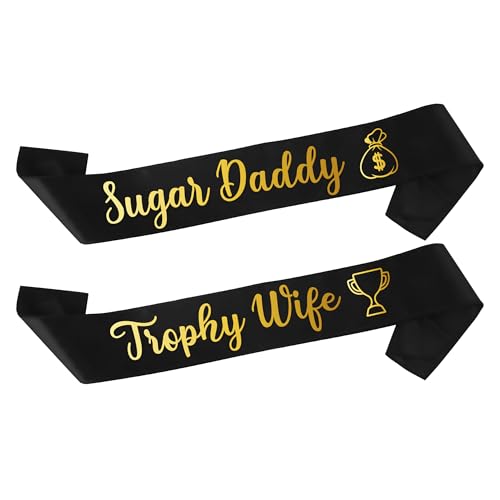 Sugar Daddy & Trophy Wife - Funny Wedding Party Sash Set | Bride to Be Groom to Be Bachelorette & Bachelor Party Sash Best Wedding Gifts Bridal Shower Decorations Engagement Favors Gifts Accessories