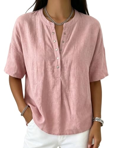 Chemisier coton femme chic à manches courtes, blouse élégante col v style Henley