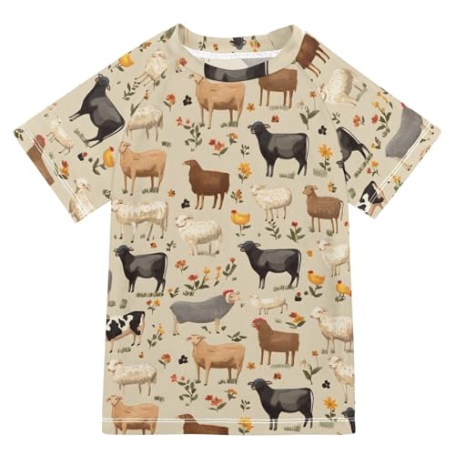 ALAZA Boys Rash Guard Swimming Shirt for Boys Short Sleeve Farm Animals Print UPF 50+ 5-6T