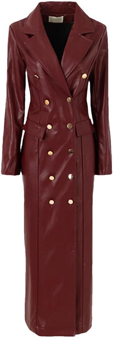 Haitpant Women's Spring Autumn Extra Long Black Faux Leather Trench Coat Double Breasted Luxury British Windbreaker