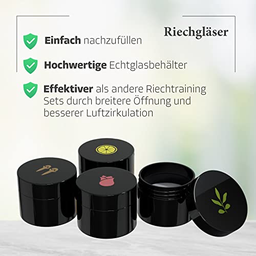 SOS Riechtraining Set mit Riechgläsern – Geruchssinn trainieren & Geruchstraining bei Geruchsverlust – mit ätherischen Ölen - Eukalyptus, Rose, Zitrone & Nelke – wieder riechen lernen