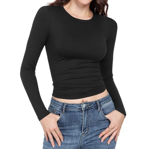 TNNZEET Women's Long Sleeve Crew Neck Slim Fit Shirts - Stretchy Basic Tee Tops for Workout Going Out Y2K Fall Fashion 2025 Black Medium