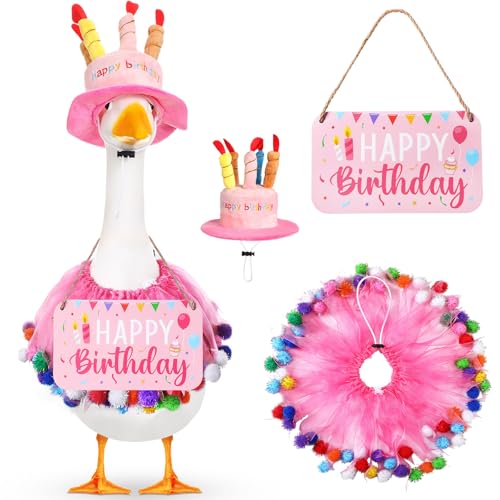 Memorywuu Happy Birthday Porch Goose Outfit Lawn Goose Cloth Costume for 23 Cement Plastic Patio Yard Statue Outdoor(Pink Tutu Skirt)