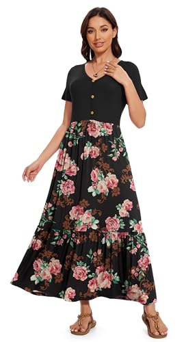 Image of VIISHOW Women's Short Sleeve Maxi Dress 2026 Summer V Neck Knit Loose Plain Empire Waist Casual Dresses with Pockets