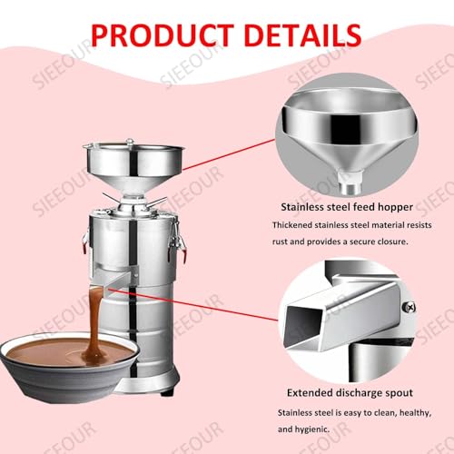 SIEEOUR Multifunctional Electric Grinding Machine, 1100W Commercial Peanut Butter Maker for Nut Butter, Sesame Paste, Soy Milk, 33lb/H, Stainless Steel, for Home and Commercial