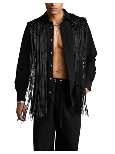 Men's Fringe Tassel Shirts Fringe Button Down Long Sleeve Party Disco Rave Shirt
