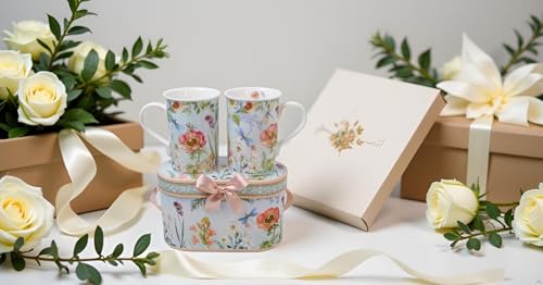 Lightahead® Elegent Bone China Unique Set Of Two Coffee Mugs 10 oz each cup set in attractive gift box elegant floral design