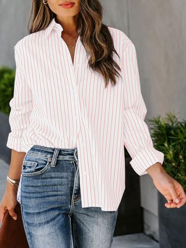 Image of siliteelon Striped Button Down Shirts Women Cotton Long Sleeve Work Blouses