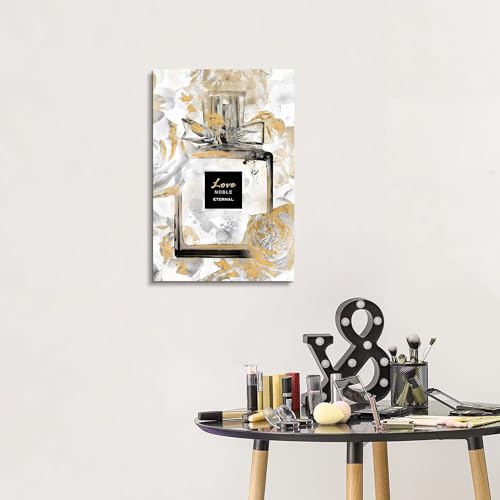 Image of HILL WEST Perfume Bottle Canvas Wall Art - Fashion Picture Elegant Gold Floral Painting Contemporary Prints Glam Modern Artwork for Girls Makeup Room Bedroom