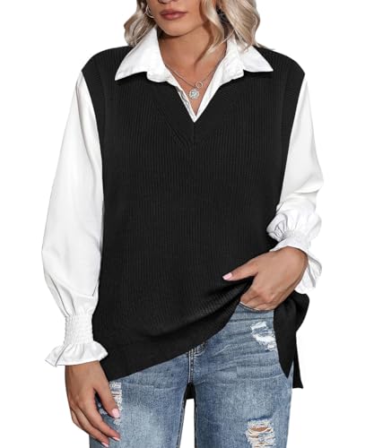 CARCOS Plus Size Sweater Vest for Women V Neck Sleeveless Solid Black Pullover Sweaters Trendy Preppy Style Tank Tops School Uniform Lightweight JK Vest 3XL 22W 24W