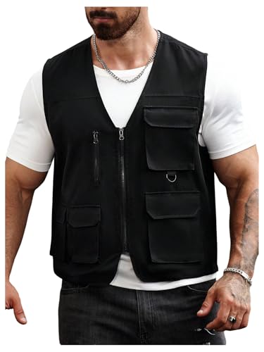 GORGLITTER Men's Sleeveless Zip Up Jacket Lightweight Flap Pocket Cargo Outerwear Vest