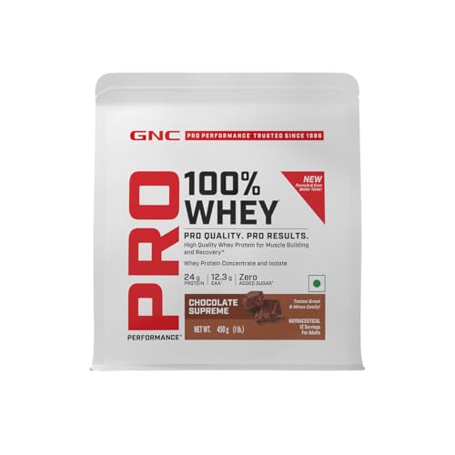 Image of GNC Pro Performance 100% Whey Protein | New Formula with No Maltodextrin | 24g Protein |DigeZyme For Faster Absorption | Isolate & Concentrate Blend & Low Carb | Chocolate Supreme (450g)