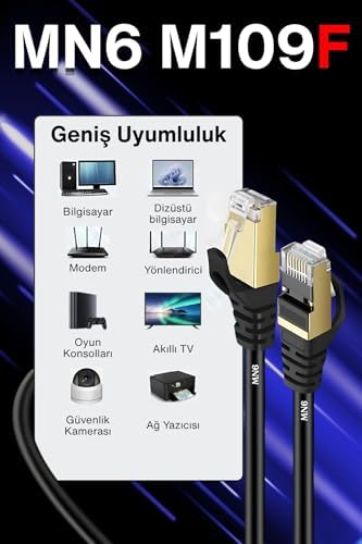 MN6 M109F Cat7 Kablo 5 Metre/BAKIR Tel-10Gbps-50 Mikron Altın Kaplama/5 Metre Cat7 Ethernet Kablosu (M109F CAT7, SIYAH, 5 METRE) - Görsel 6