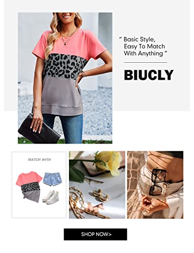 Shewin Women's Color Block Leopard Print T-Shirts Summer Short Sleeve Crewneck Loose Tee Tops T Shirt For Womens,Us 12-14(L),Red,Panther,Grey #TOP4