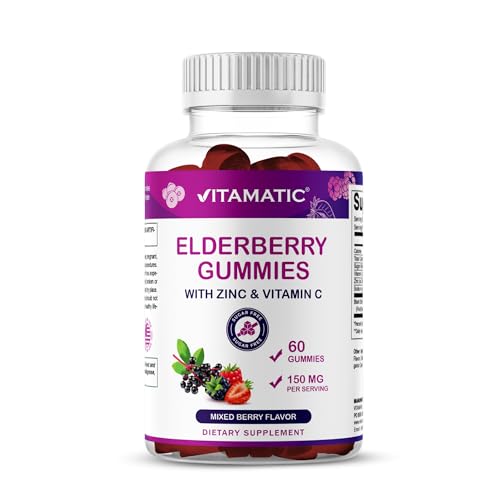 Vitamatic Elderberry Gummies with Vitamin C & Zinc &ndash; Immune Support Supplement &ndash; Mixed Berry...