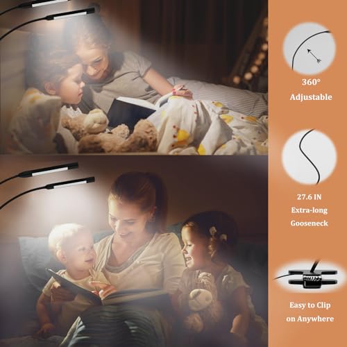 Image of Clamp on Desk Lamp-3 Color Mode & 10 Brightness Levels,Dual LED Tube Flexible Gooseneck Clip Light for Architect Reading, Working, Bedroom Headboard, Dorm