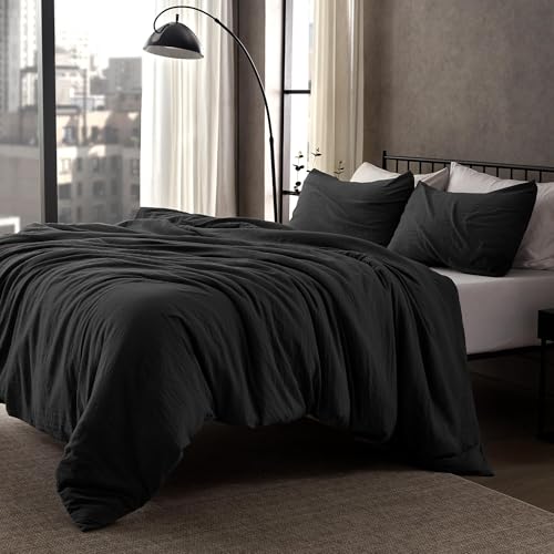 SLEEP ZONE Duvet Cover Queen Size, Stone Washed, Soft and Comfortable with Natural Wrinkles, Easy Care, Gift-Wrapped, Safe and Skin-Friendly(Washed Black, Queen)