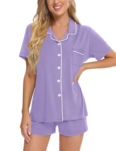 Image of SWOMOG Womens Button Down Pajamas Set Short Sleeve Sleepwear Bride Soft Pj Lounge Sets XS-3XL