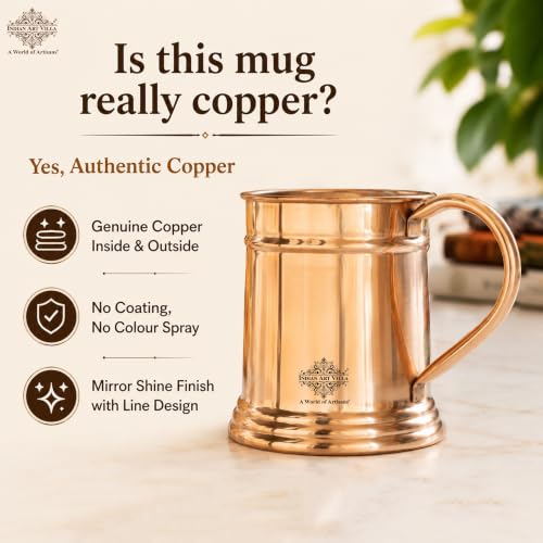 Image of INDIAN ART VILLA Pure Copper Large Beer /Cocktail Mug Cup, Barware, 600 ML