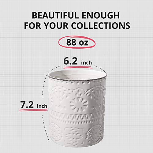 Lifver Kitchen Utensil Holder, 7.2″ White Farmhouse Utensil Holder For Kitchen Counter, Extra Large Kitchen Utensil For Countertop, Heavy Ceramic Utensil Crock For Christmas Décor, Cork Mat #TOP1