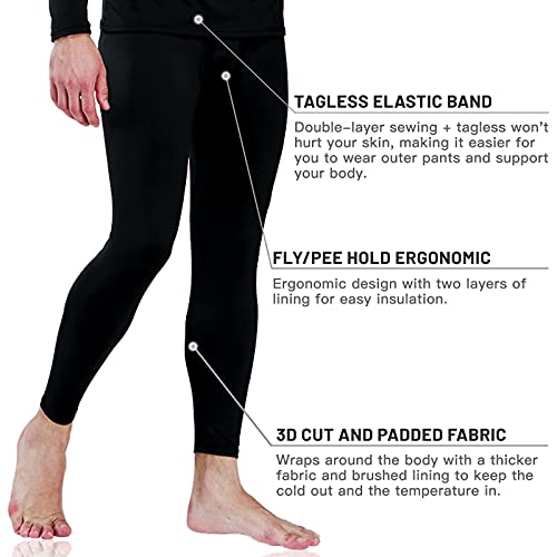 Mrignt Thermal Underwear For Men Long Johns Set Base Layer Fleece Lined Top Bottom Black #TOP2