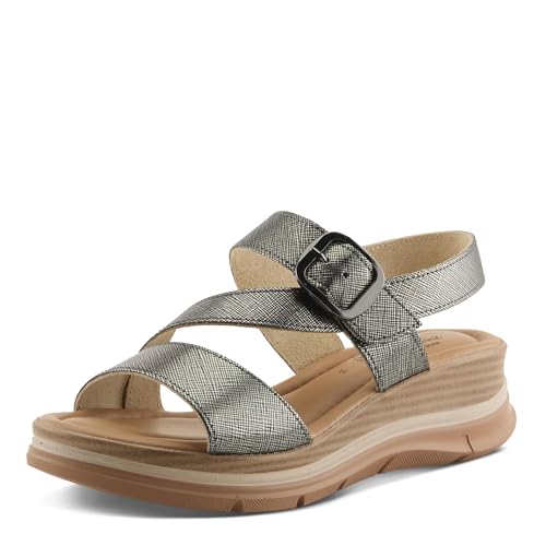 Spring Step Women's TALIAH Leather Hook-and-Loop Sandals – Italian Craftsmanship, Faux Wood Wedge, Chic Textured Design, 3-Inch Heel