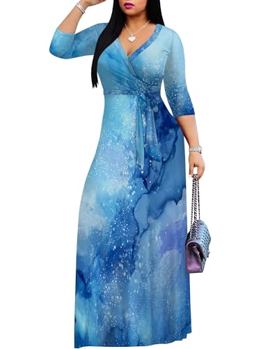 Image of Plus Size Dresses for Women Print Maxi Dresses 3 /4 Sleeve with Belt