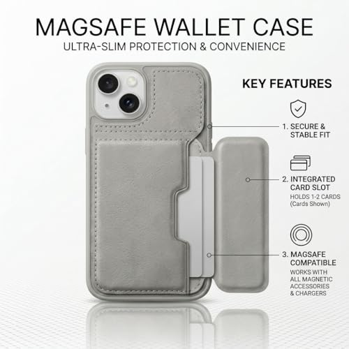 Image of amazon basics Luxury Vegan Leather Back Cover for iPhone 15 | Built-in Card Holder Slot | Integrated Mobile Stand | Slim Shockproof Protective Case with Stitched Finish - Gray