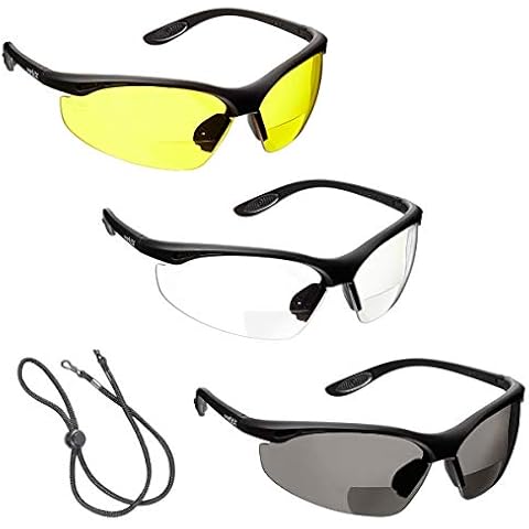 3 x voltX 'CONSTRUCTOR' BIFOCAL Reading Safety Glasses (+1.5 Dioptre Clear, Yellow & Smoke Lens) UKCA & CE EN166f certified/Cycling Sports Glasses - Wraparound Style + Safety Cord with headstop Cover