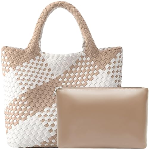 Image of JINMANXUE Unisex Fashion Woven Bag Damen-Tragetasche, Apricot&white, 16.1 inch W x 7.1 inch D x 11 inch H