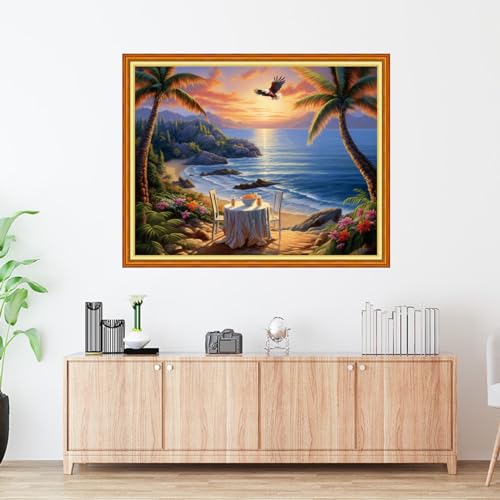 Image of Foxdiviy Stamped Cross Stitch Kits Full Range of Embroidery Needlework Starter Kits for Beginners Adults 11CT Embroidery Patterns Art Crafts DIY Needlepoint Kits-Drinking tea by the seaside 16x20 inch