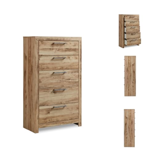 Image of Signature Design by Ashley Hyanna Rustic 5-Drawer Chest with Safety Stop for Bedroom, Light Brown