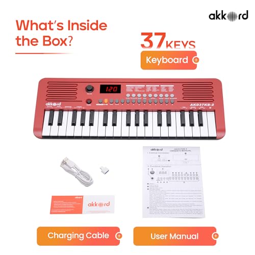 Image of Akkord 37 Keys Music Keyboard - Red Edition | 20 Rhythms, 10 Tones & 10 Demos, LED Display, Portable Beginner Piano Compatible | Kids, Beginner Keyboard with USB-C Cable (Without Adapter and MIDI)