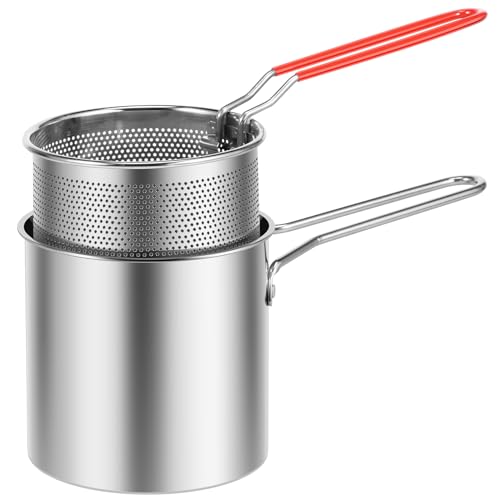 Deep Fryer Pot 304 Stainless Steel Deep Fryer with Strainer Basket and Riveted Handle Mini Deep Oil Fryer Multifunctional Outdoor Cooking Fryer for Kitchen Dining Room Camping Picnic(A)