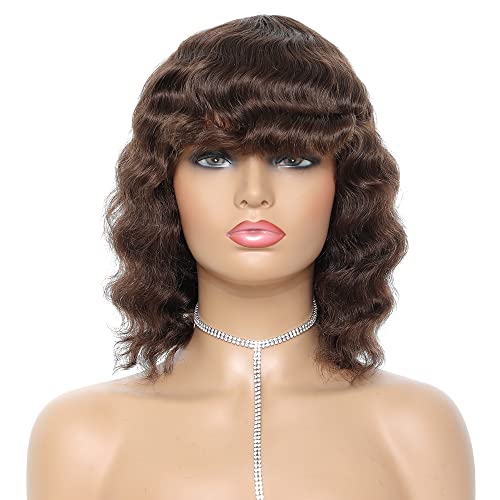 iShine Short Curly Wigs 100% Brazilian Remy Human Hair Wig with Bangs Loose Wave Wig for Women 12 inch Short Curly Hair Wigs with Wigs Caps - Dark Brown (4)