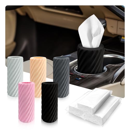Car Cup Holder Tissue with 3 Pack Facial Tissues, Car Tissues Cylinder, Refillable Round Travel Tissue Tube for Vehicle, Office, Home Use (Black)