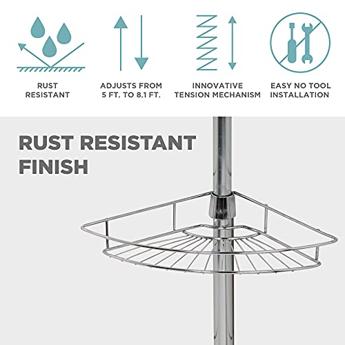 Zenna Home Tension Pole Shower Caddy, 4 Basket Shelves With Built-In Towel Bars, Adjustable, 60 To 97 Inch, Chrome #TOP4