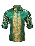 Barry.Wang Men Dress Shirts Long Sleeve Button Down Silk Paisley Floral Party Shirt Jacquard Business Formal Green Gold