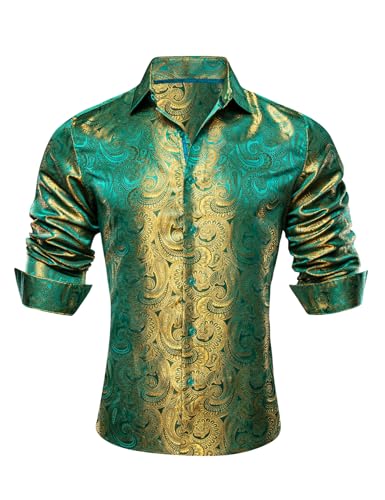 Barry.Wang Men Dress Shirts Long Sleeve Button Down Silk Paisley Floral Party Shirt Jacquard Business Formal Green Gold