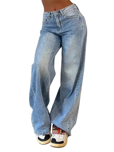 Miolasay Damen-Jeans mit weitem Bein, niedrige Taille, Y2K, modisch, lässig, gerades Bein, Boyfriend-Denim-Hose mit Taschen, Streetwear, A-Blau, L Miolasay Damen-Jeans mit weitem Bein, niedrige Taille, Y2K, modisch, lässig, gerades Bein, Boyfriend-Denim-Hose mit Taschen, Streetwear, A-Blau, L