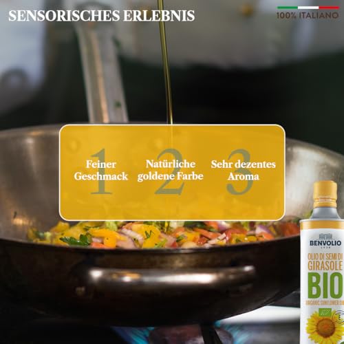 Sonnenblumenöl BIO - BENVOLIO 1938 750ml Metallflasche - Reich an VITAMIN E | Frittieröl BIO Bratöl Fritierfett öl Frittierfett Friteusenfett ORGANIC SUNFLOWER OIL