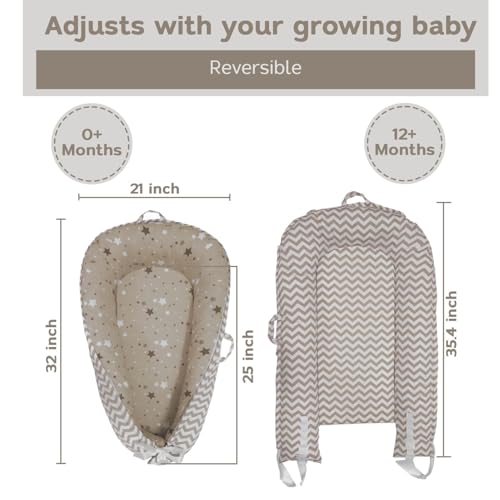 Aila+Aiden Baby Lounger | Organic Cotton Infant Lounger | Reversible, Adjustable & Portable Floor Lounger | Supervised Use | Soft, Breathable, Washable Cover- Star Collection (Tan)