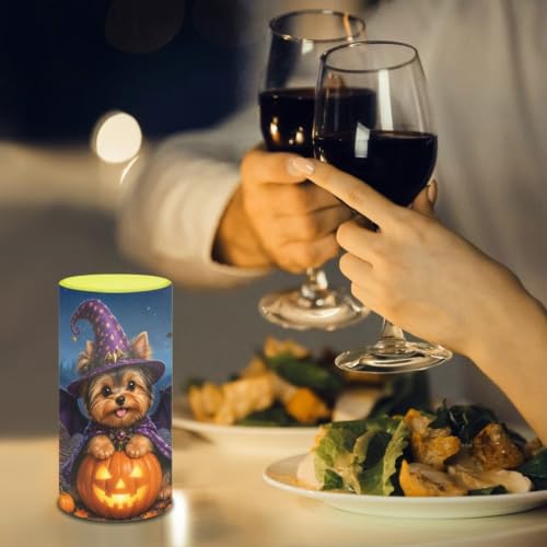 Image of Poceacles LED Flameless Candles Battery Operated Candles with Remote Control Timer Flickering Wick Pillar Tealight for Home Outdoor Halloween Decor, Wizard Hat Yorkie Dog Pumpkin Print