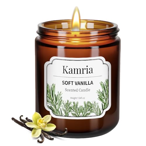Kamria Soft Vanilla Scented Candle, Warm & Cozy Aromatherapy in Amber Glass Jar, Natural Soy Wax for Home Decor, Sweet Relaxing Gift for Women, 7oz