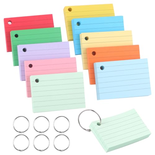 Tikplus Karteikartenset 500 Liniert Karteikarten, A8 Lernkarten mit Ring, 10 Farben Klein Karten zum Vokabeln Lernen, Beidseitig Beschreibbar Flashcards für Lernen Formeln oder Notizen,5.1x7.4cm